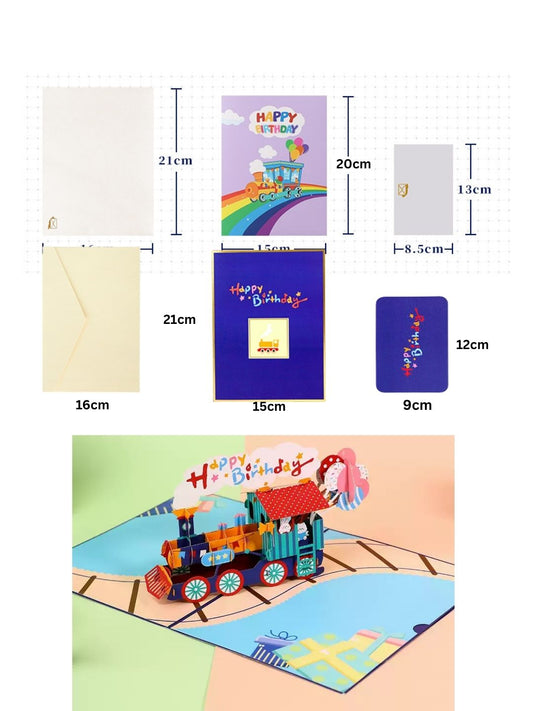 3D Pop-Up Happy Birthday Greeting Card Cute Train Balloon Theme