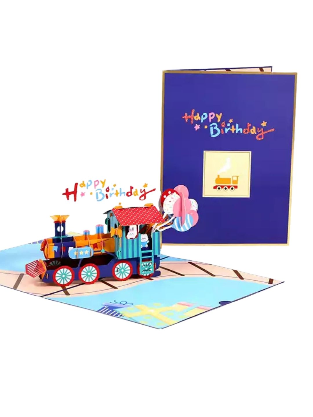 3D Pop-Up Happy Birthday Greeting Card Cute Train Balloon Theme
