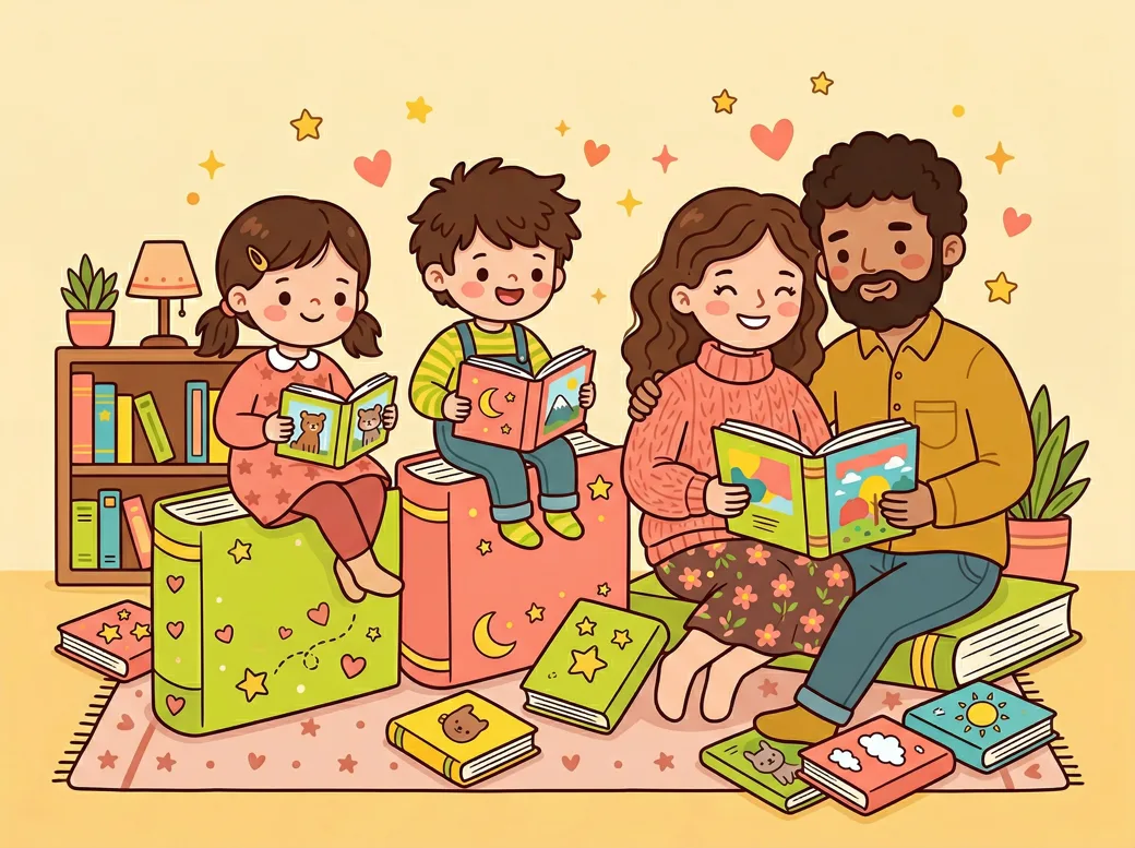 Families happily reading children's books together