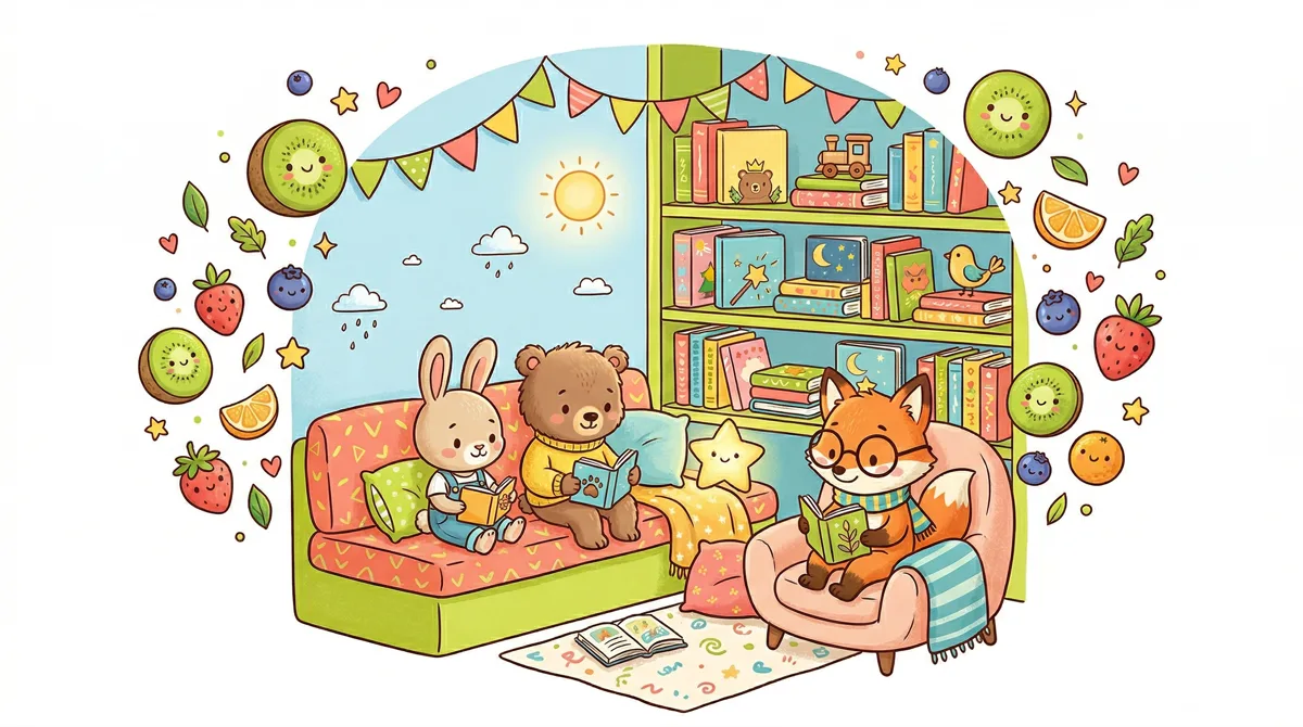 Cute illustrated animals reading books in a cosy bookshop